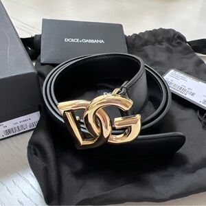 Authentic Dolce & Gabbana Black and Gold Belt with Iconic Logo Buckle